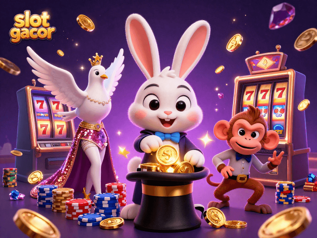 Experience the excitement of slot gacor with a magician rabbit, sparkling coins, and playful casino elements.