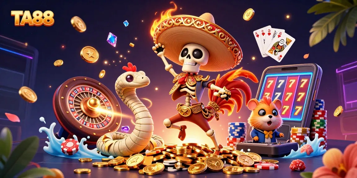 Celebrate wins at TA88 with a dazzling 3D casino illustration featuring vibrant characters and dynamic gaming elements.