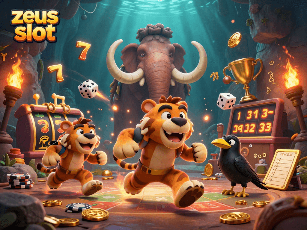 Experience thrilling zeus slot gameplay with a fun caveman and tiger duo at a unique casino.