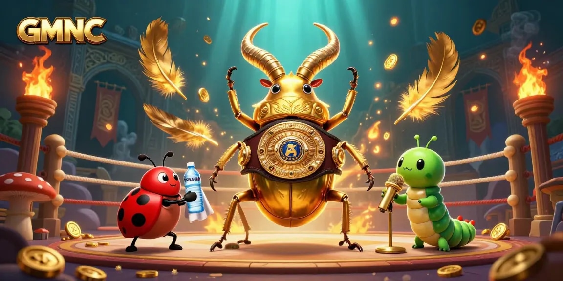 GMNC's giant stag beetle champion stands in a vibrant casino arena surrounded by betting tokens and golden décor.