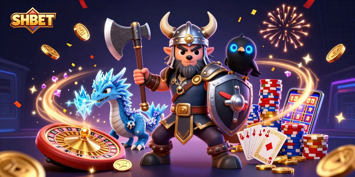 Experience thrilling gaming with SHBET's Viking warrior and dragon in a dazzling 3D casino scene.