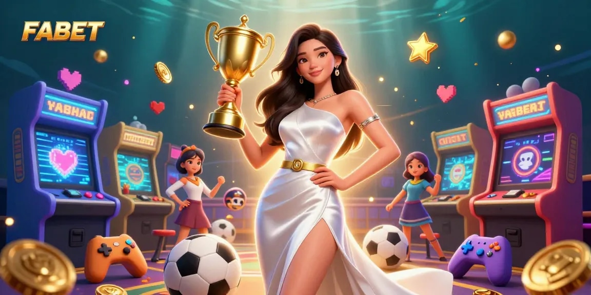 Experience thrilling wins with FABET, showcasing a confident woman holding a trophy amidst dynamic gaming elements.