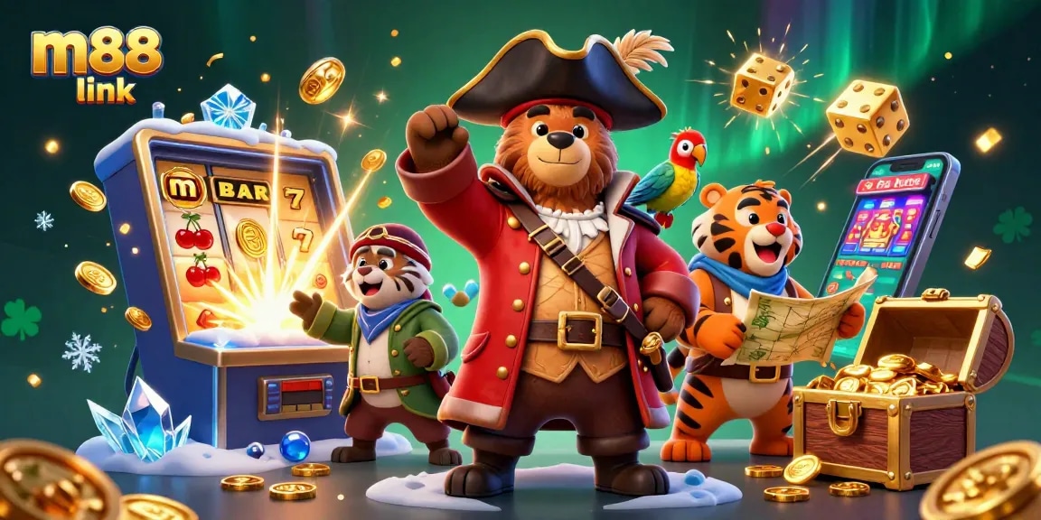 Experience thrilling wins with M88 link in this vibrant casino illustration featuring 3D characters.