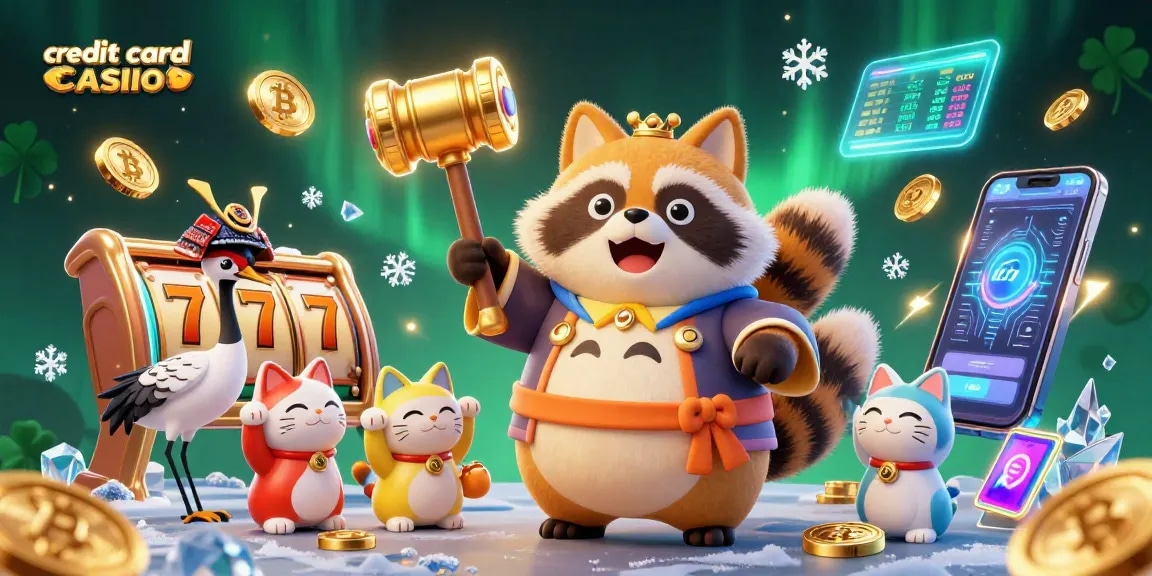 Engage in exciting gameplay at a credit card casino featuring cheerful characters, slot reels, and cryptocurrency elements.