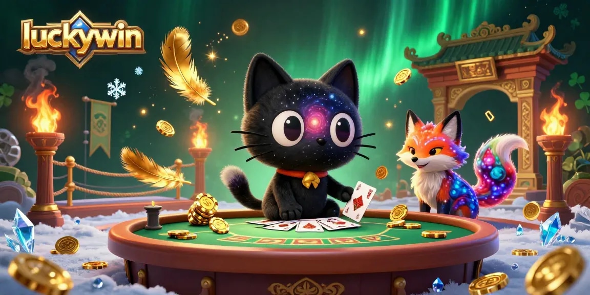 Engage with luckywin in an ultra-detailed cosmic casino adventure featuring a black hole cat and nebula fox.