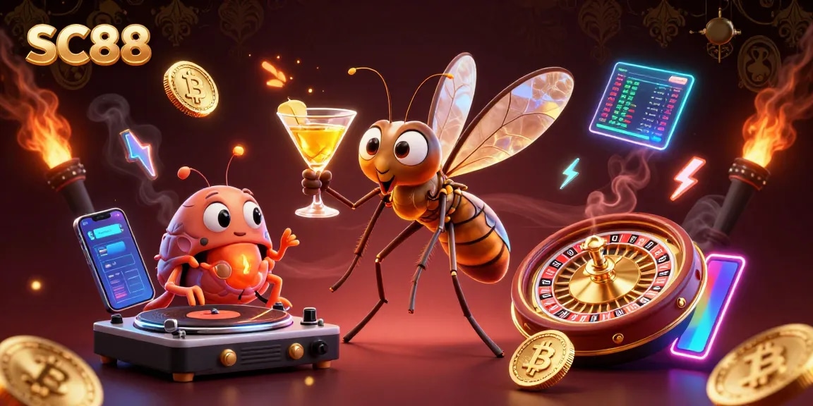 Engage with SC88's vibrant casino theme featuring a mosquito mascot and crypto elements.