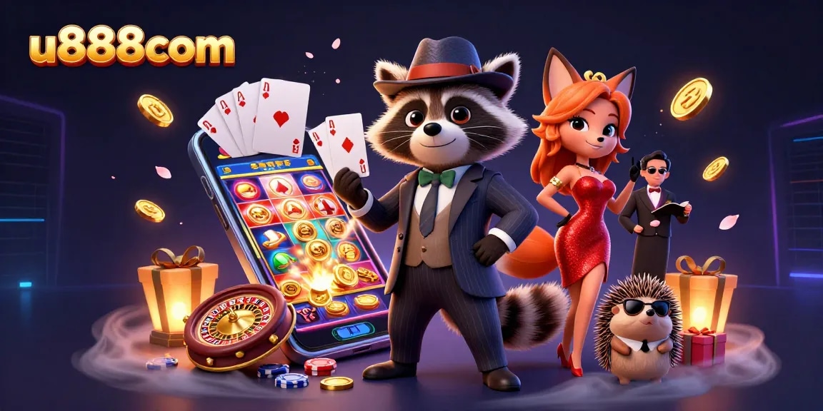Play slots and win with u888com featuring raccoon in suit, fox lady, and bouncer in an exciting casino scene.