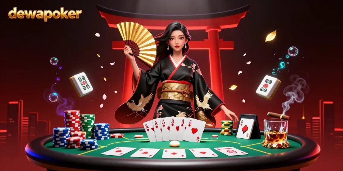 Dewapoker showcases a vibrant 3D scene with an elegant woman in a kimono holding a fan, surrounded by poker elements.