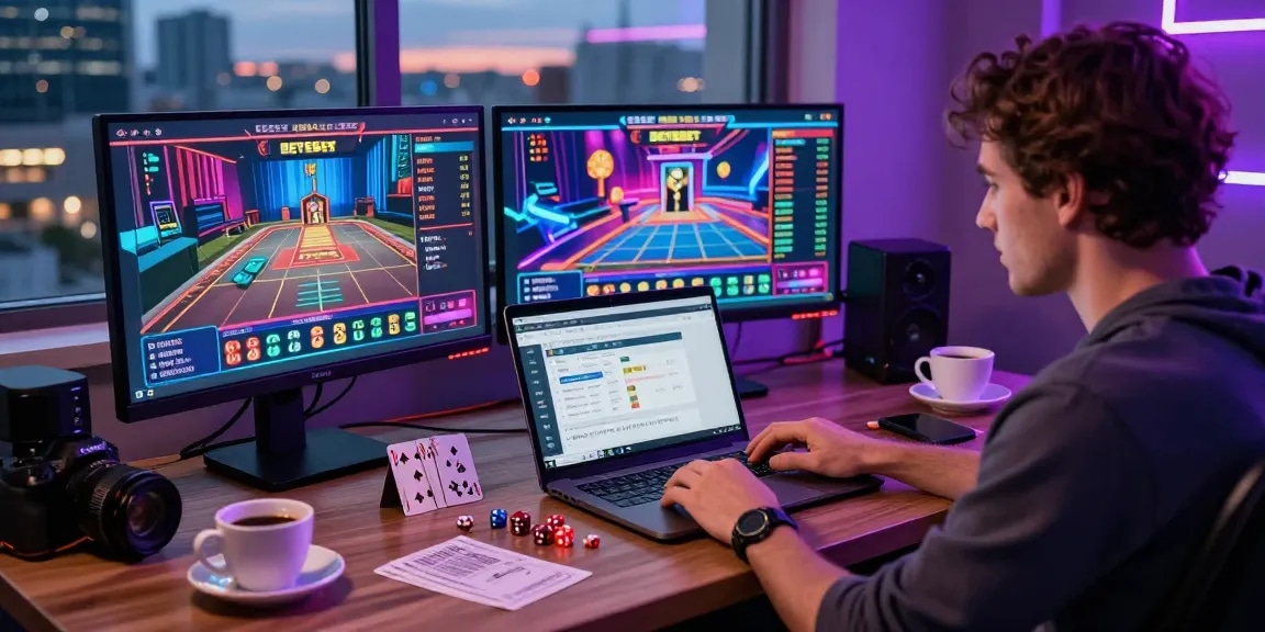 Engaging scene featuring Betebet online betting experience with a user at a modern gaming desk.