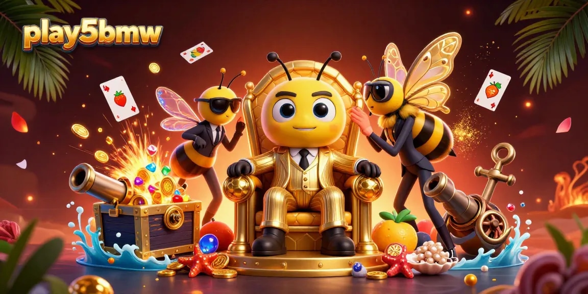 Engage with play5bmw as a 3D bumblebee mob boss presides over a vibrant casino scene with treasure and gaming elements.