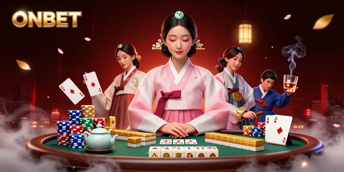ONBET casino illustration showcasing an elegant Asian woman enjoying poker and festive ambiance.