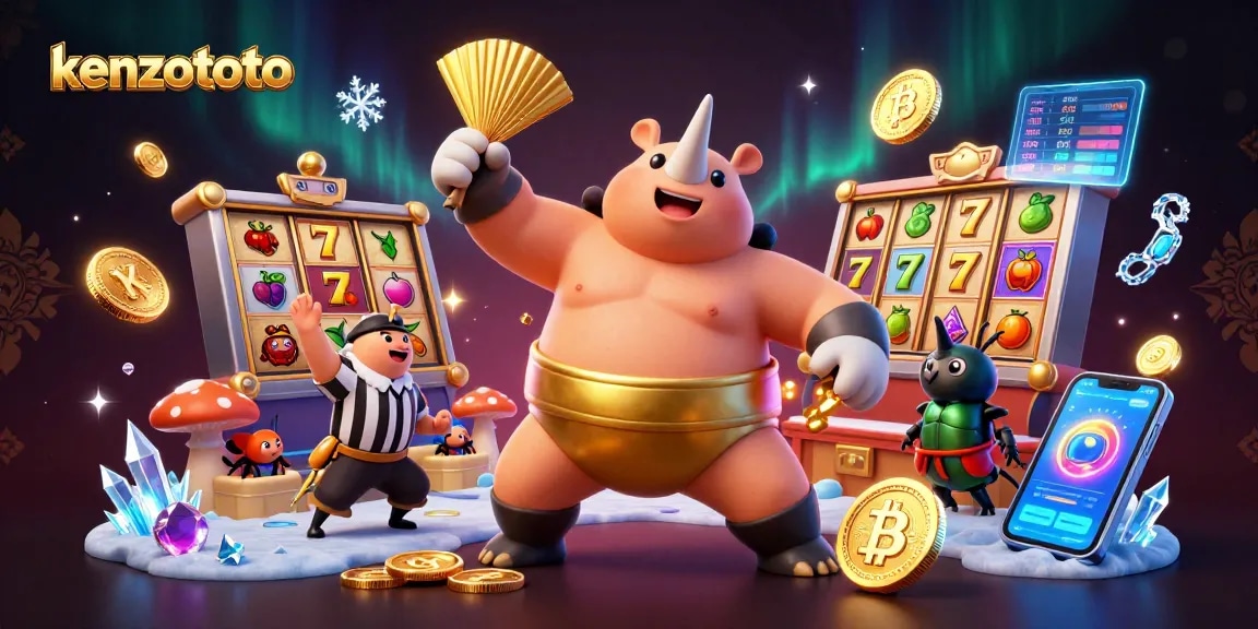 Play kenzototo slots with a dynamic scene of a sumo champion beetle and exciting game elements surrounding it