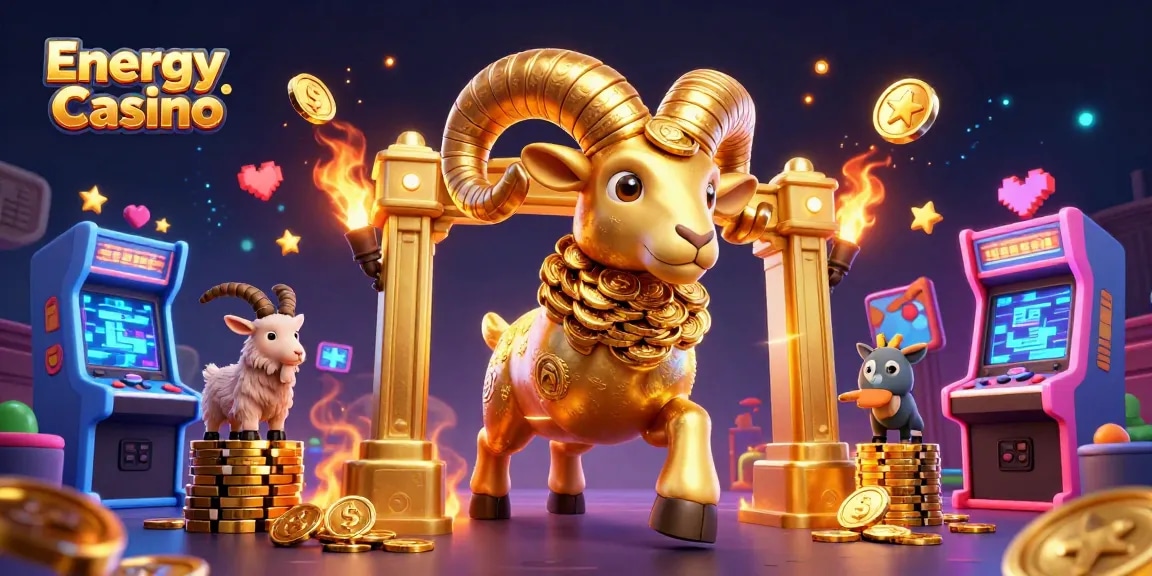 Az Energy Casino élő játékainak izgalmát bemutató 3D illusztráció, arany színű kosokkal és videojáték elemekkel.