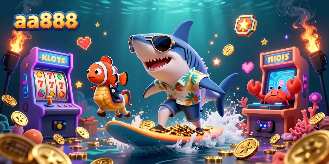 Experience the excitement at aa888 with a vibrant gambling scene featuring playful characters and casino elements.