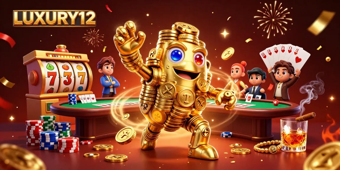 LUXURY12 showcases a stunning 3D representation of a golden golem and vibrant casino elements, ideal for online gamblers.