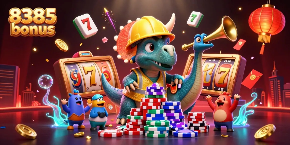 Viva a emoção do cassino online 8385 bônus com tricerátipo e parasaurolóforo celebrando!