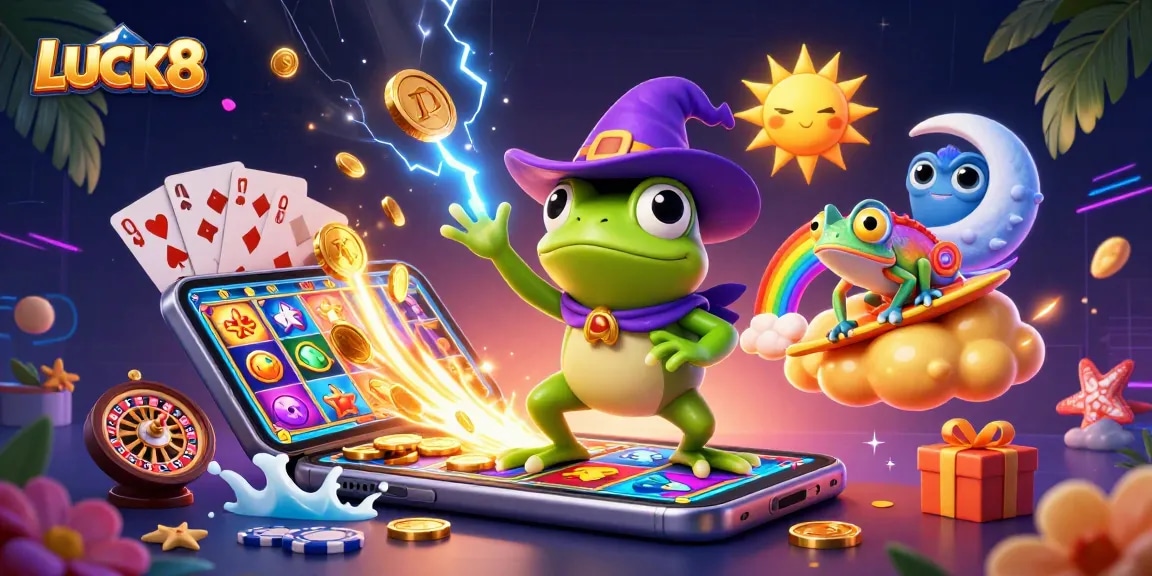 Engage with LUCK8 slots as a wizard frog conjures golden coins amidst dynamic gaming elements.