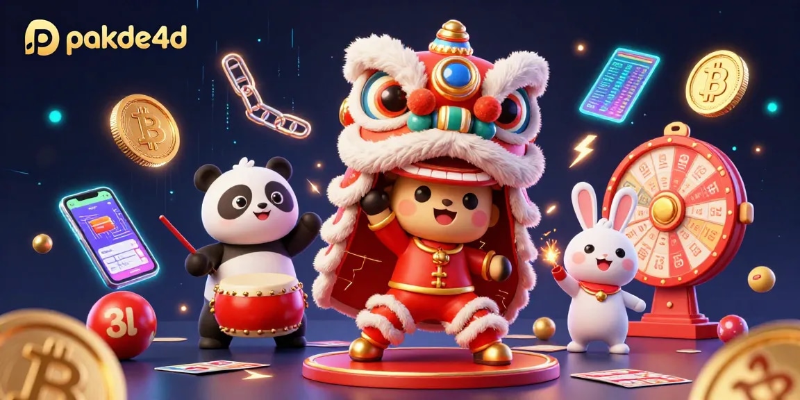 Engage in exciting lottery games with pakde4d's lively scene featuring a dancing lion and vibrant decorations.