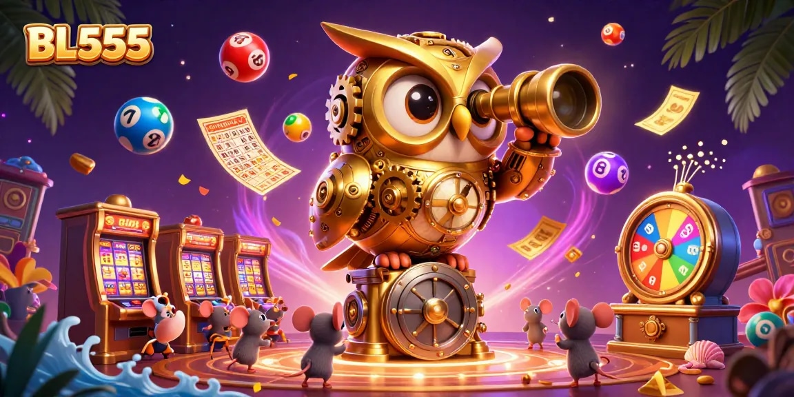 BL555 players celebrate big wins with colorful lottery balls and vibrant casino elements.
