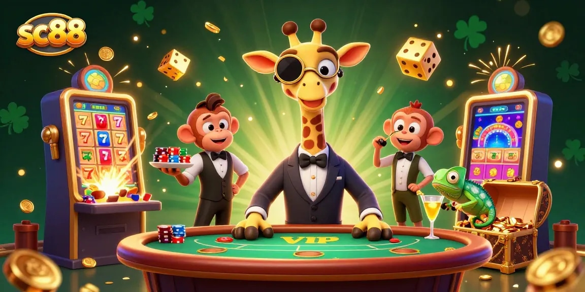 Engage in thrilling casino action with SC88, showcasing a high-roller giraffe and vibrant jackpots.