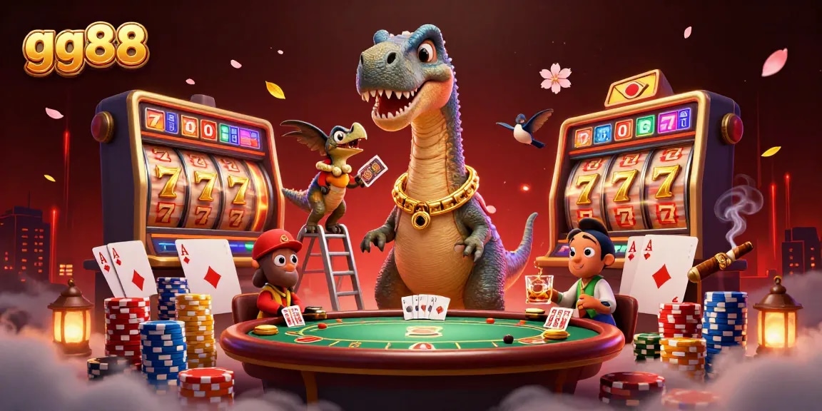 Explore thrilling casino moments with gg88 as a giant brontosaurus watches a clever raptor deal cards.