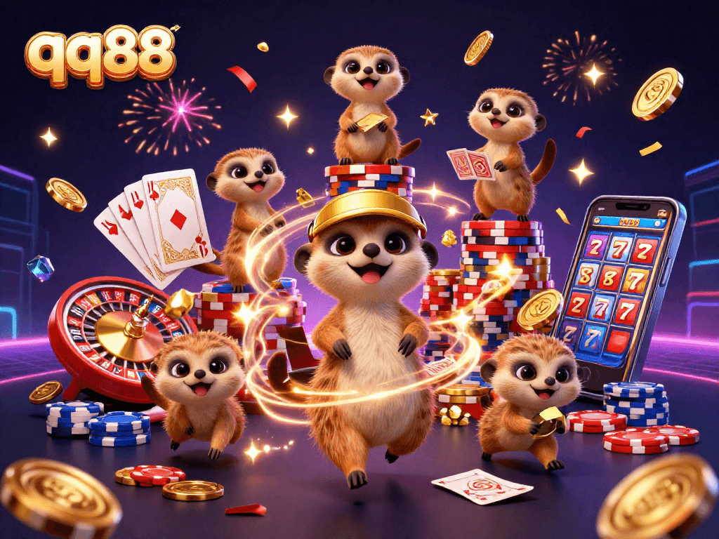 Experience epic wins at qq88 with a vibrant meerkat-themed casino scene filled with gold and gems!