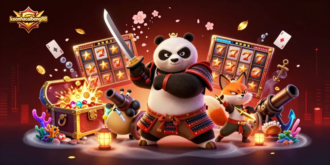 Experience excitement with keonhacaibong88 in this vivid online slots illustration featuring dynamic characters.