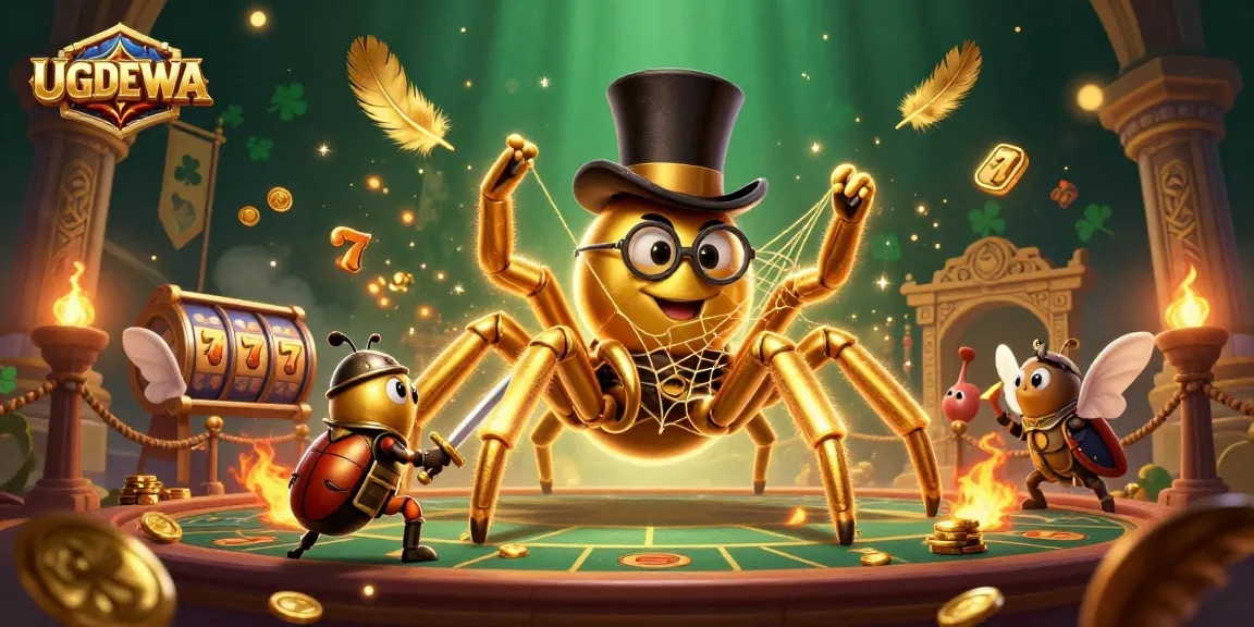 Engage with UGDEWA's thrilling online casino ambiance featuring a golden tarantula and knight.