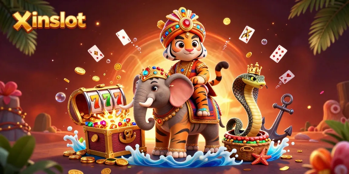 XINSLOT provides thrilling slot action with vibrant characters and jackpot elements in a dynamic casino illustration.