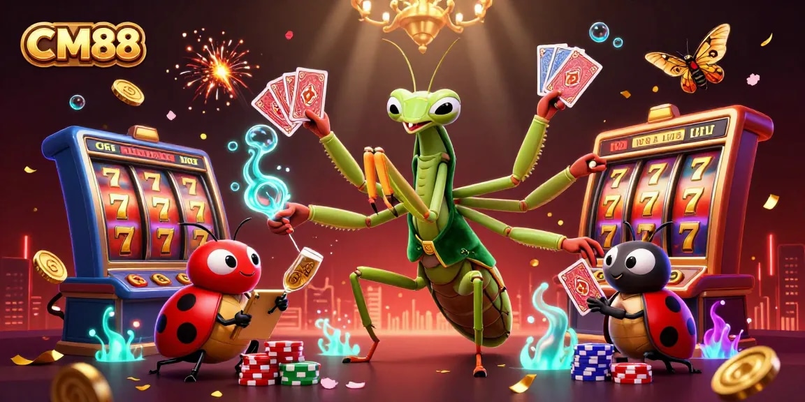 Experience the vibrant world of CM88 with a giant mantis dealer and colorful casino elements.