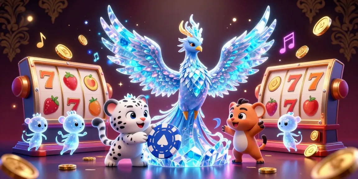 Engage with Instal4d's vibrant casino scene featuring a lively ice phoenix, a snow leopard cub, and slot elements.