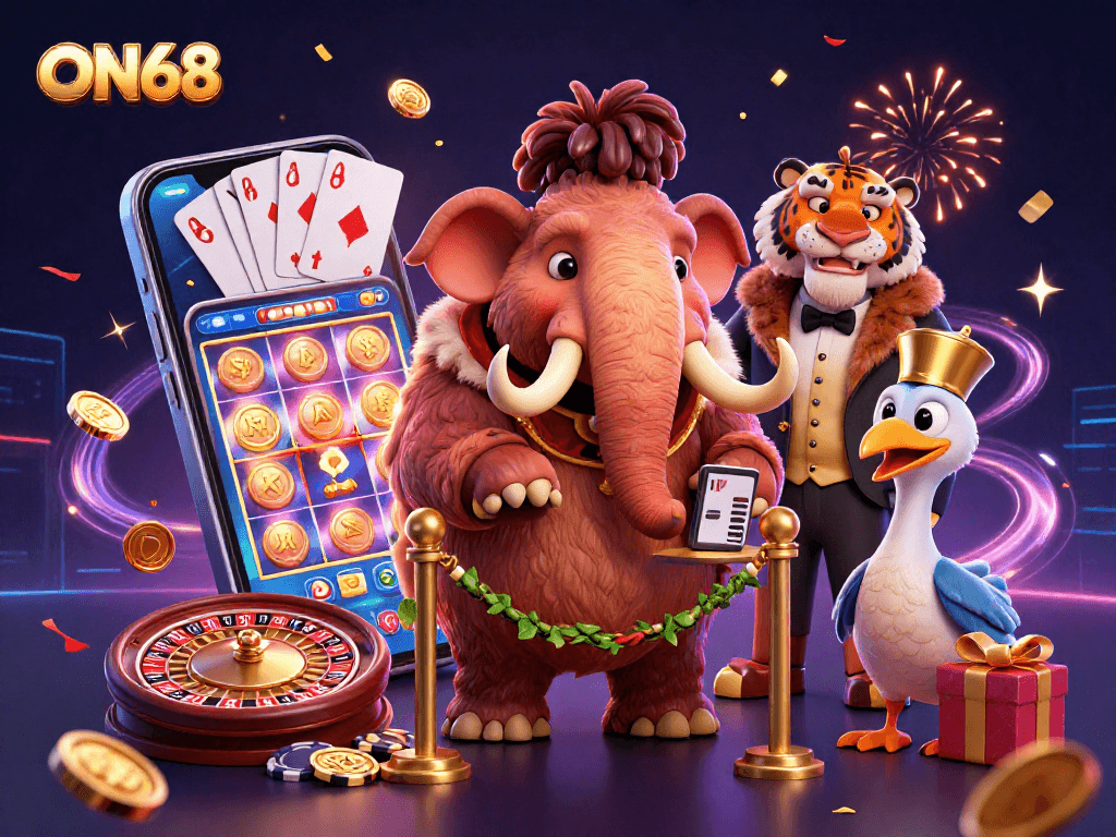 Engage in the thrilling world of ON68 with a vibrant casino scene showcasing unique 3D characters and dynamic games.