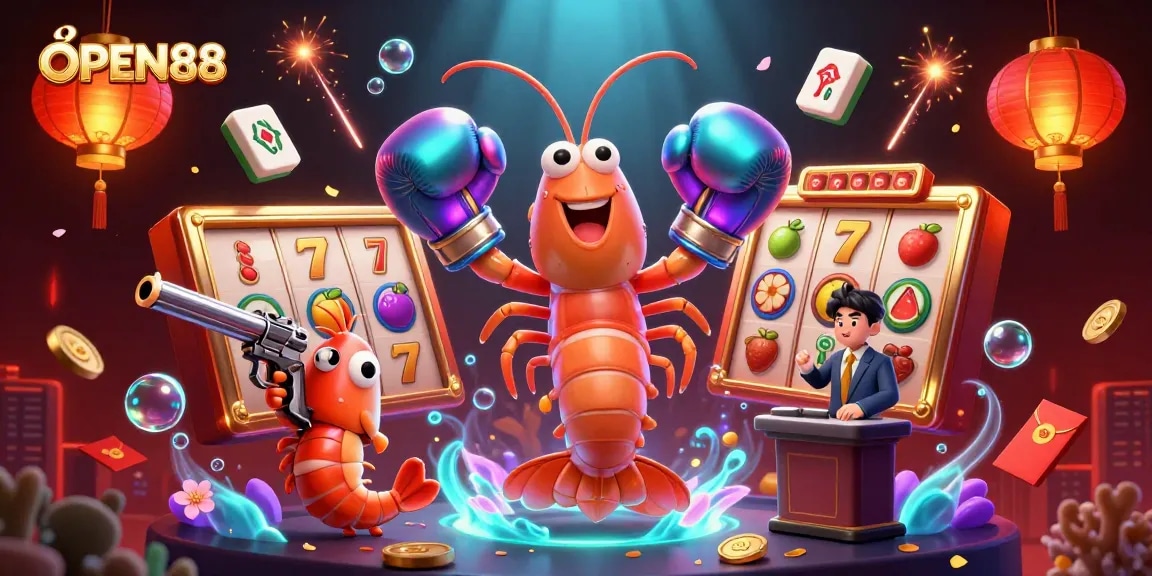 Spin the reels for excitement at OPEN88, a vibrant casino scene with 3D characters and dynamic game elements.