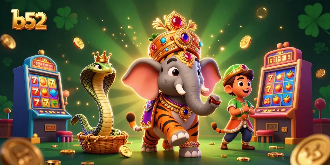 Experience the thrill of the b 52 slots with an extravagant 3D casino illustration featuring a maharaja tiger, elephant, and cobra.