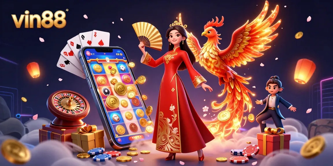 Experience thrilling gaming with vin88 in a vibrant 3D scene featuring jackpots and casino elements.