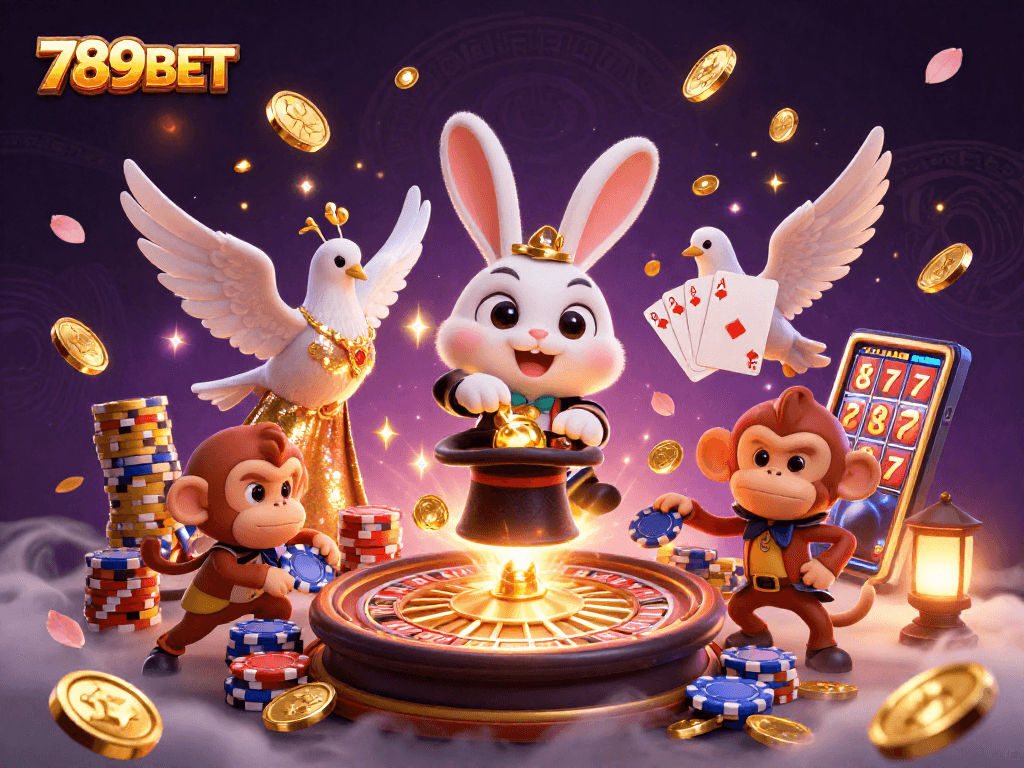 Experience the magic of 789BET with a cartoon magician rabbit, coins, and casino elements.