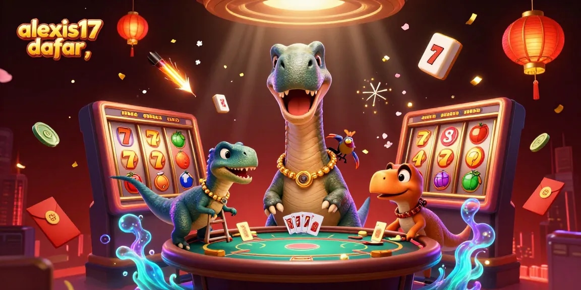 Visualisasi berwarna-warni dari alexis17 daftar, menampilkan dinosaurus 3D di kasino dengan simbol permainan yang meriah.