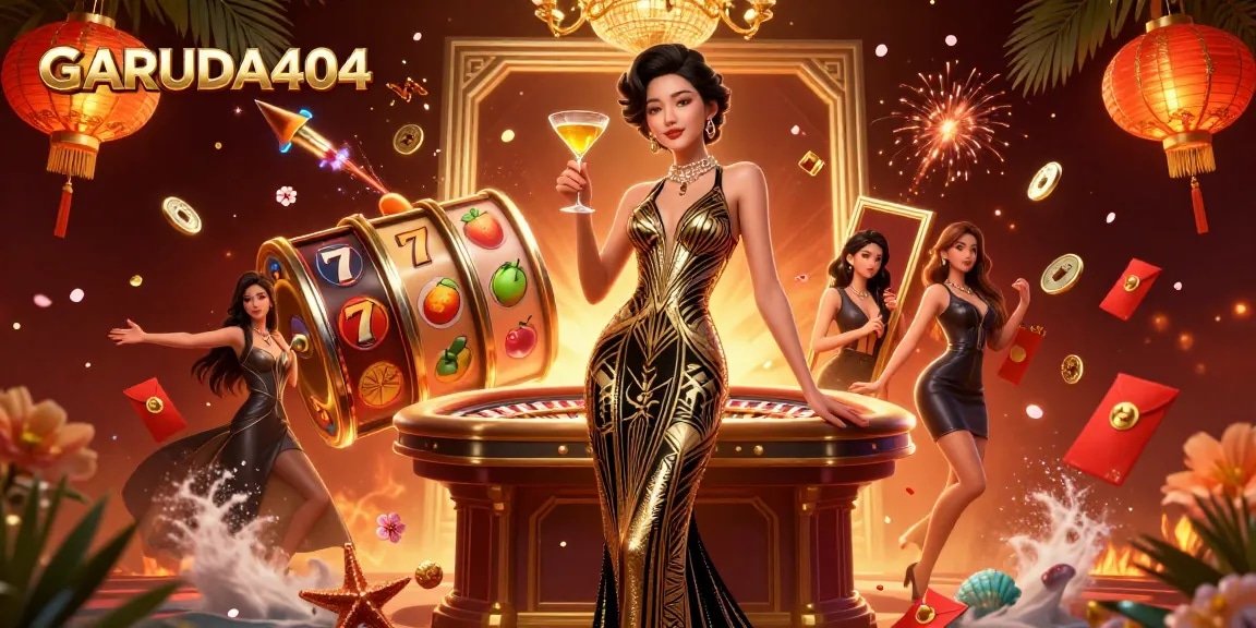 Experience thrilling gameplay at GARUDA404 as vibrant slot reels spin amidst an elegant casino atmosphere.