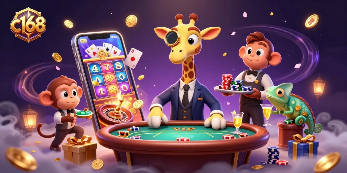 Experience exhilarating gaming with c168 in this vibrant 3D casino illustration.