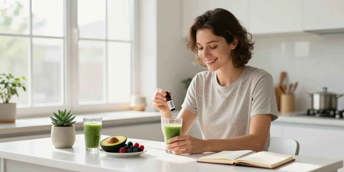Is vaping legal in Cyprus? Enjoying natural wellness and CBD oil in a bright kitchen setting with healthy ingredients.