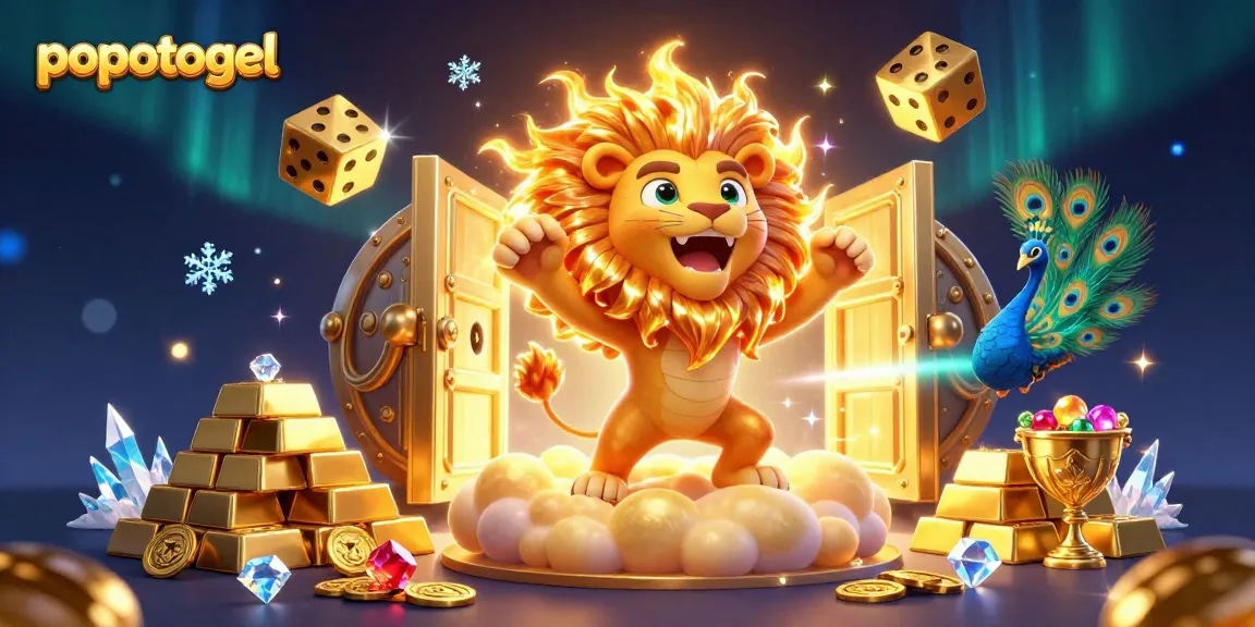 Experience the excitement with popotogel as the vibrant sun lion symbolizes triumph amidst golden treasures and cosmic gameplay.
