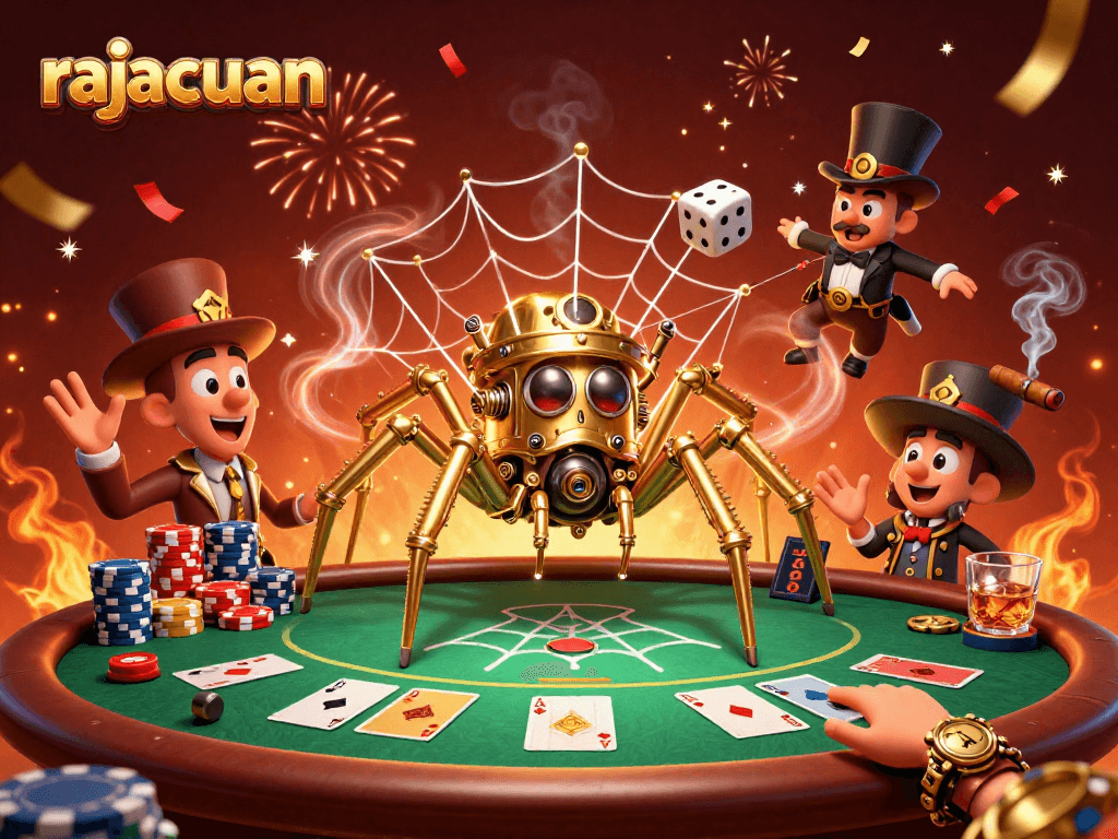 Experience excitement at rajacuan with a lively steampunk casino scene featuring playful characters and vibrant poker elements.