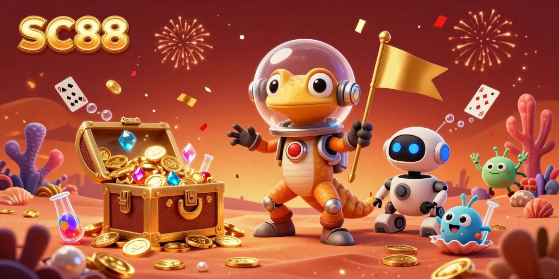 Experience SC88's vibrant casino adventure with a Martian gecko and golden treasures!