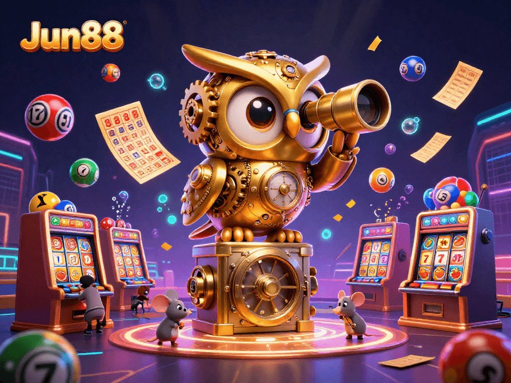 Engage with thrilling casino excitement at Jun88, featuring a dynamic 3D owl and vibrant gaming elements.