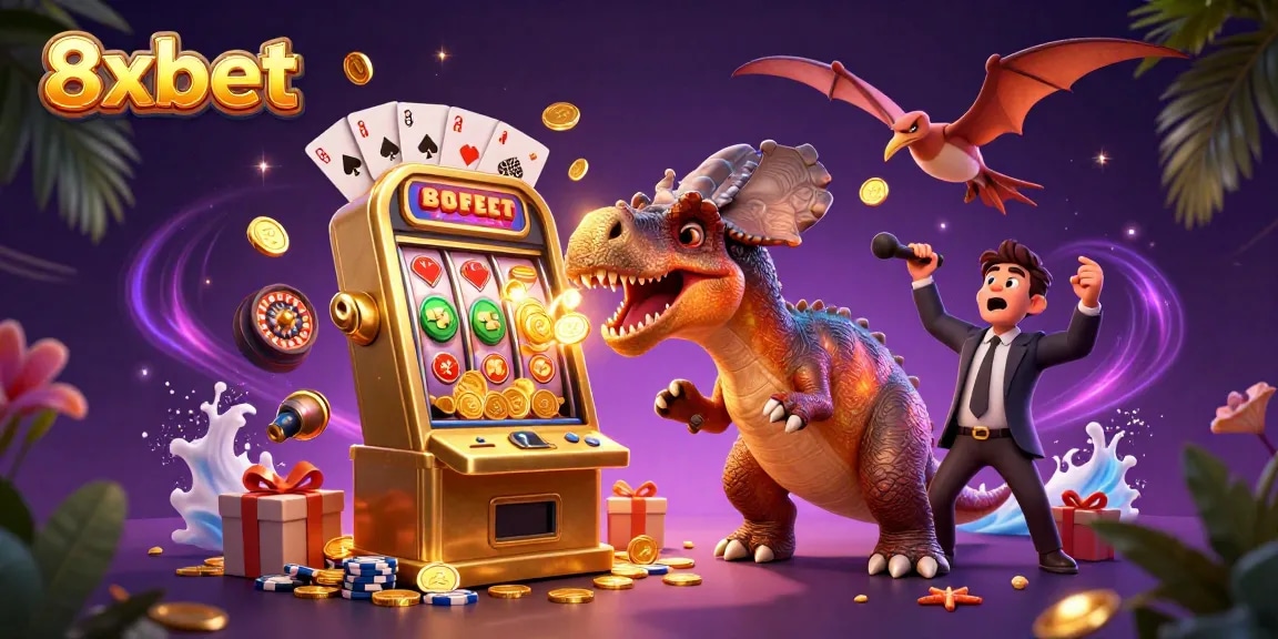 Experience exciting 8xbet casino action as characters interact with golden slot machines and flying coins.