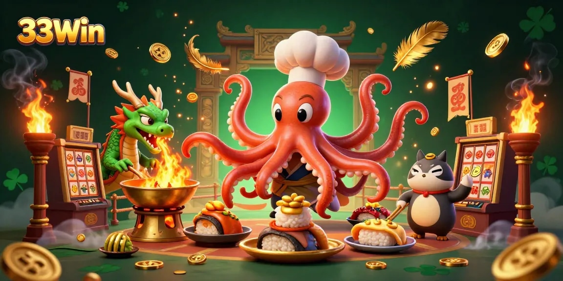 Engage with 33Win's vibrant casino atmosphere featuring an octopus chef and dynamic gambling elements.