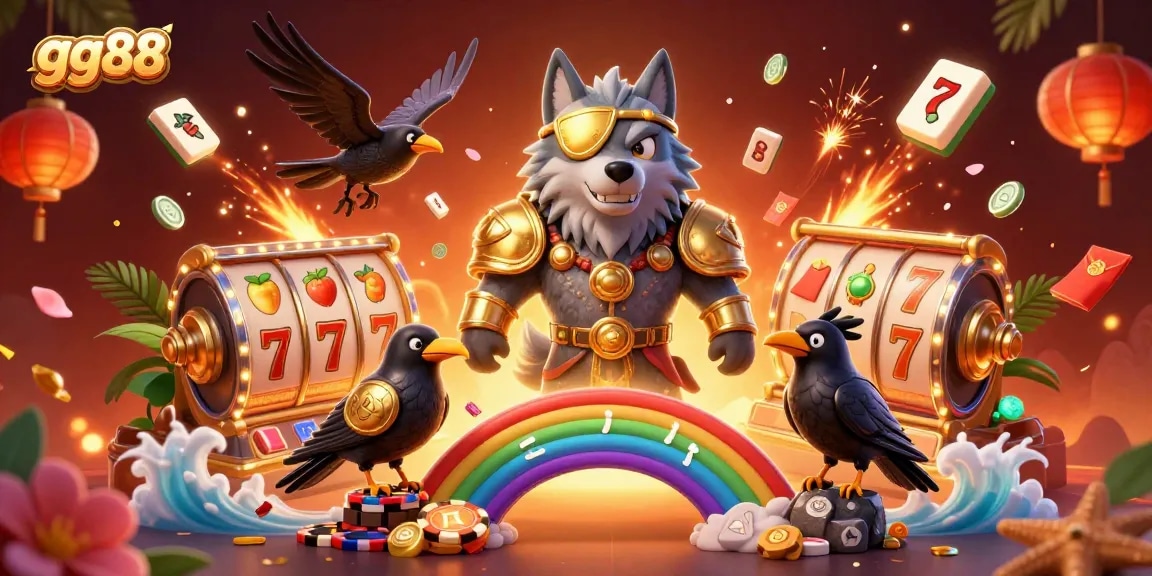 Experience g88's thrilling casino atmosphere with a vibrant 3D illustration of Odin and his ravens amidst dynamic game elements.