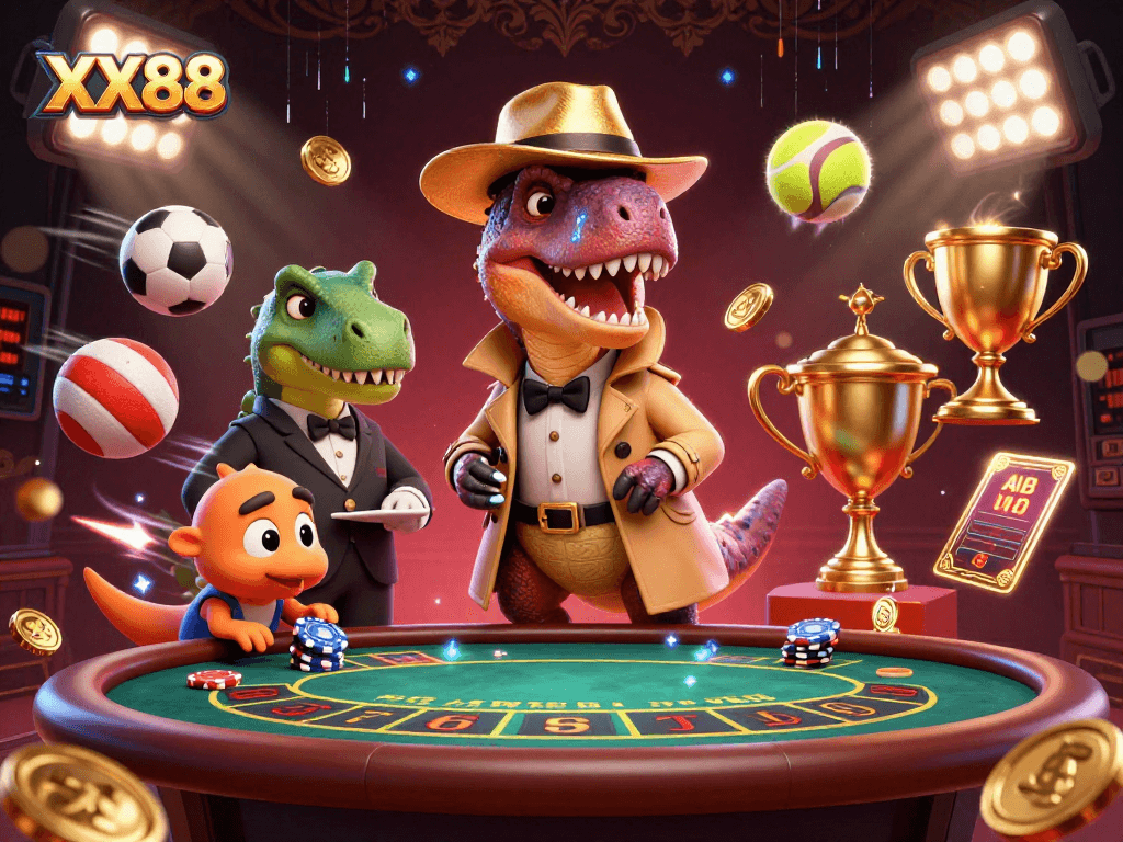 Join the exciting XX88 casino experience with a velociraptor card counter and stegosaurus pit boss at a vibrant blackjack table.