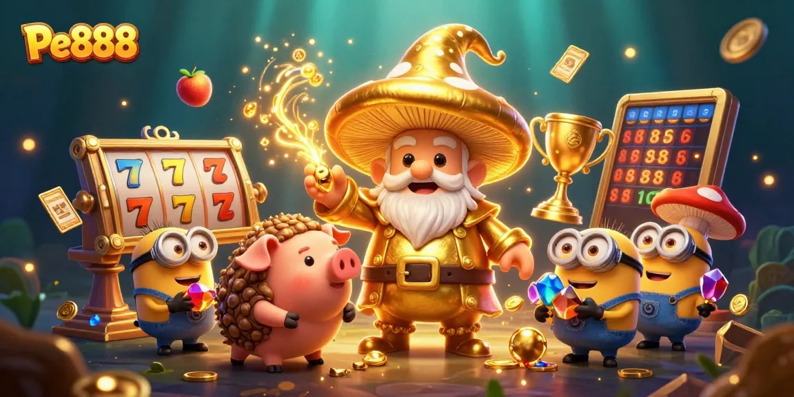 Experience the magic of Pe888 with a golden wizard, treasure-seeking pig and dynamic slot elements.