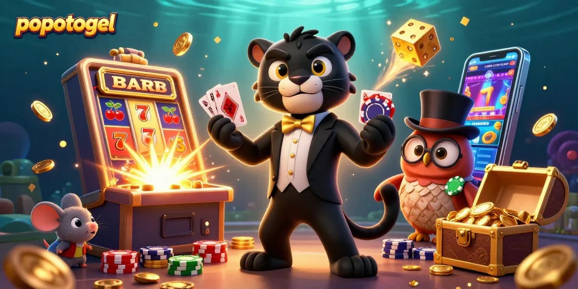 Experience popotogel with stylish characters amidst a vibrant casino-themed backdrop.